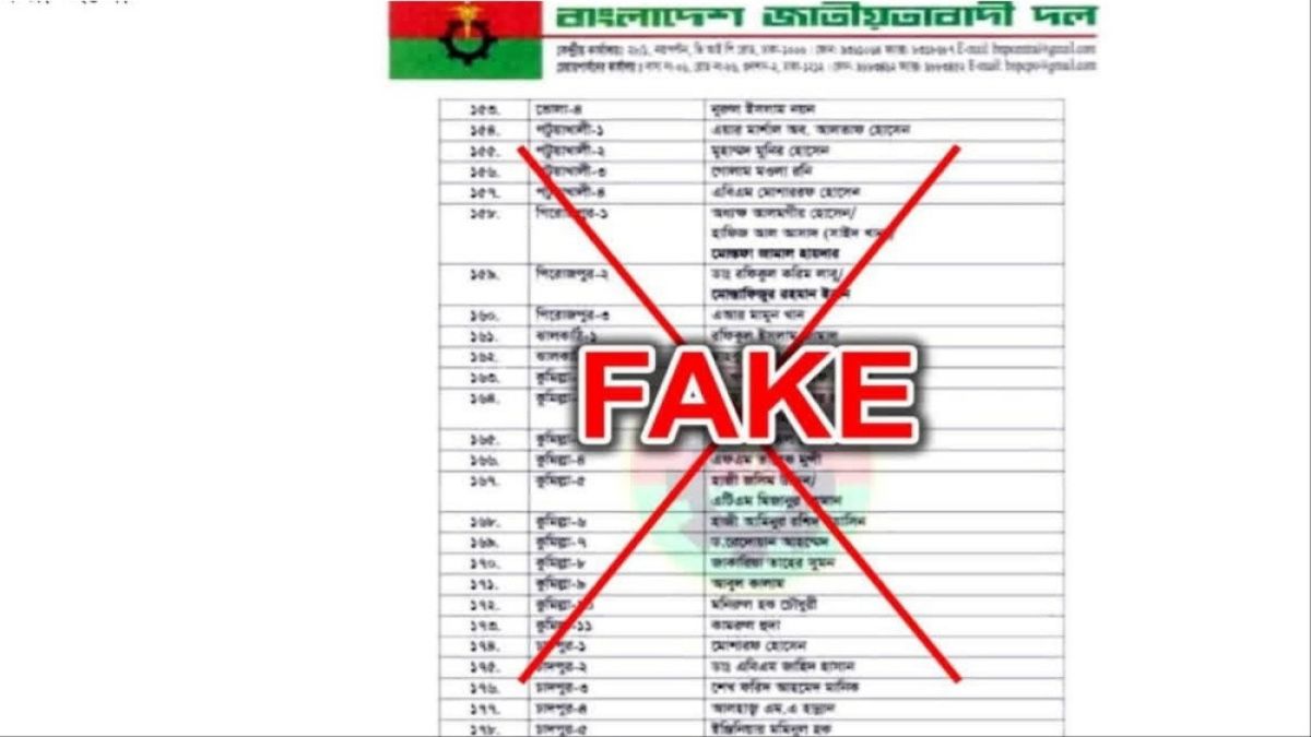 ফেসবুকে ছড়ানো ভুয়া প্রার্থী তালিকায় বিভ্রান্ত না হতে বিএনপির আহ্বান